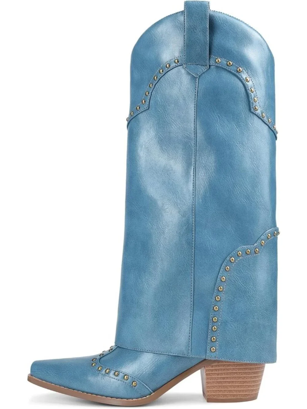 Women's Blue Chunky Heel Snip Toe Fold Over Cowgirl Knee High Shark Boots